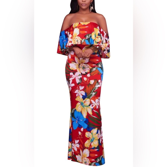 Suimiki Dresses & Skirts - Hawaiian Ruffled Off Shoulder Bodycon Long Party Maxi Dress